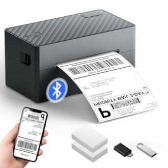 Bluetooth label printer with smartphone and accessories.