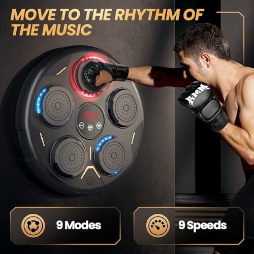Man training with interactive boxing device featuring lights and modes.