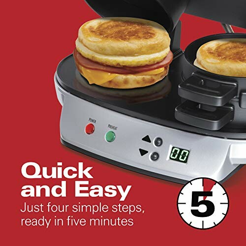 Breakfast sandwich maker with timer and quick preparation.