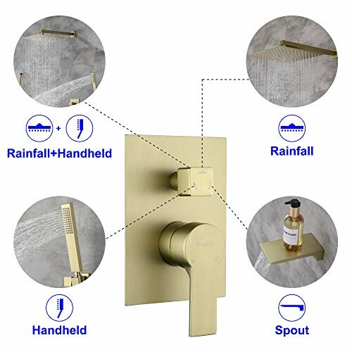 Brushed gold shower system with rainfall, handheld, and spout features.