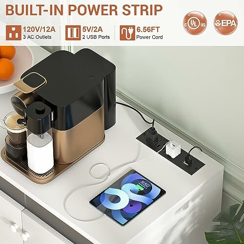 Built-in power strip on coffee station with outlets and USB ports.