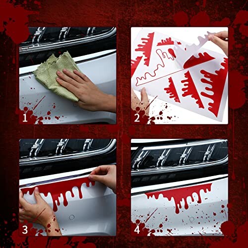 Step-by-step application of blood drip stickers on a car.