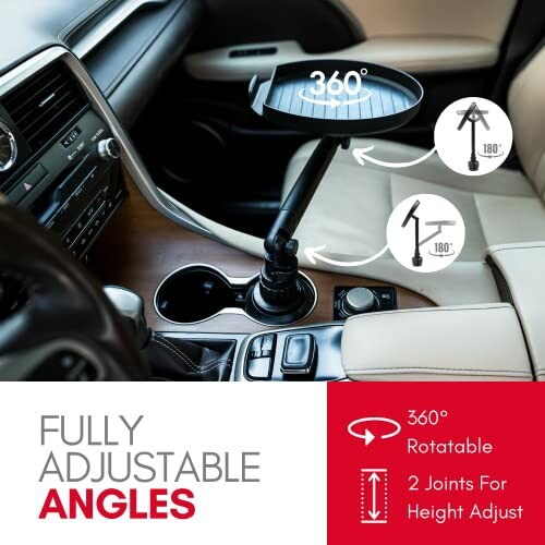 Car interior with a rotatable adjustable table in the cup holder.