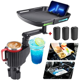 Car cup holder tray with phone holder, drinks, and food.