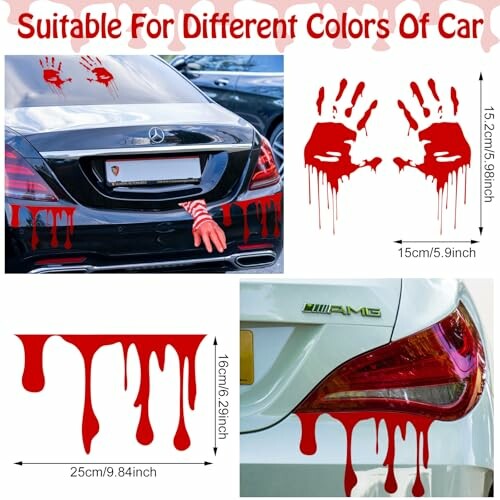 Car with red handprint decals and dripping paint effect.