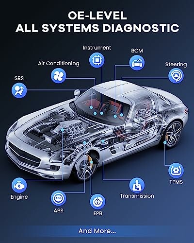 Diagram of car with labeled diagnostic systems like engine, ABS, and transmission.