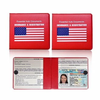 Red car document holder with American flag design, displaying insurance, registration, and a driver's license.