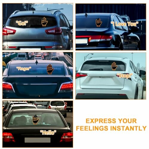 Cars with digital signs expressing emotions and messages.