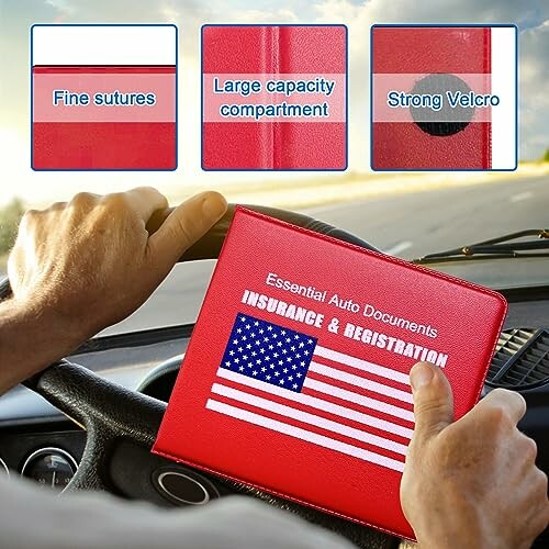 Driver holding red auto documents holder with American flag design.