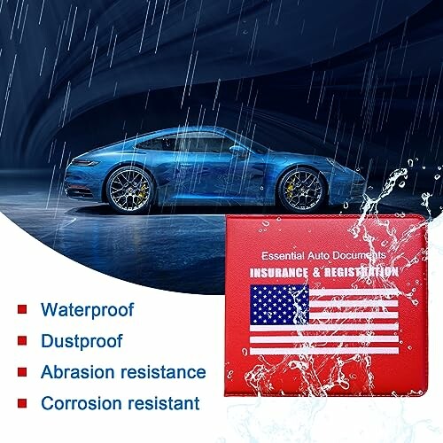 Waterproof and durable car insurance document holder with a blue car in the background.