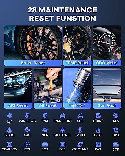 Car maintenance functions including brake reset, TPMS reset, and various system indicators.