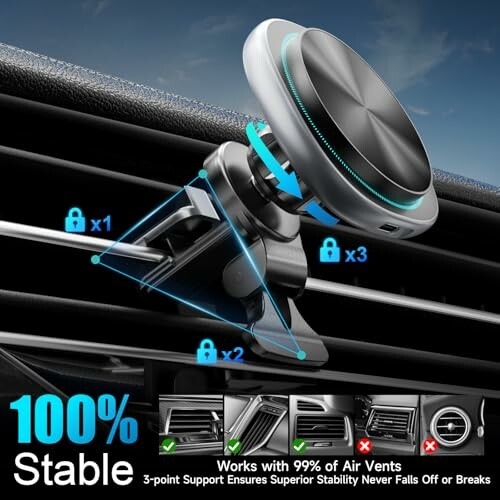 Car phone mount on air vent with 3-point support for stability.