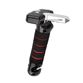 Car safety hammer with a black and red handle.