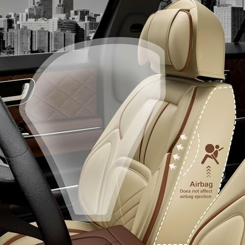 Car seat with airbag illustration in a vehicle interior.