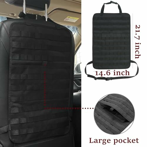 Black car seat back organizer with large pocket and straps