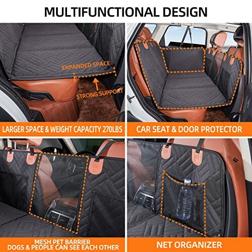 Multifunctional car seat cover with expanded space, strong support, and net organizer.