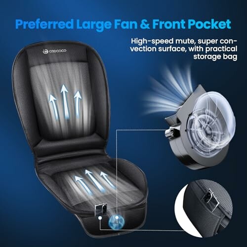 Car seat cushion with large fan and front pocket, featuring high-speed mute and convection surface.