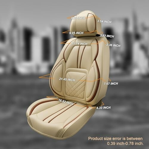 Car seat with labeled dimensions.