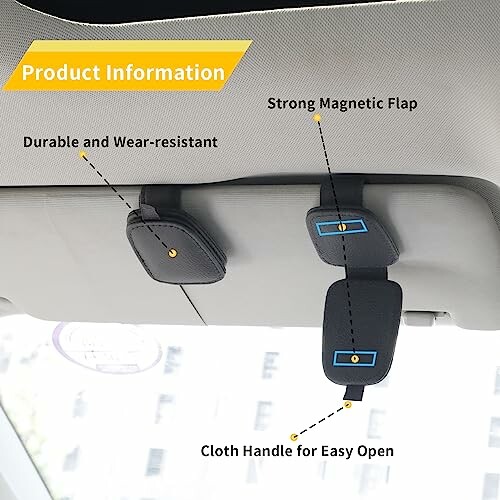 Car sun visor storage with strong magnetic flap and cloth handle.