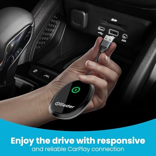 Hand connecting CarPlay adapter in car.