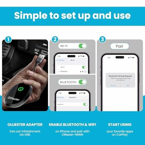 Instructions to set up OllieStar adapter with car, Bluetooth, and WiFi.