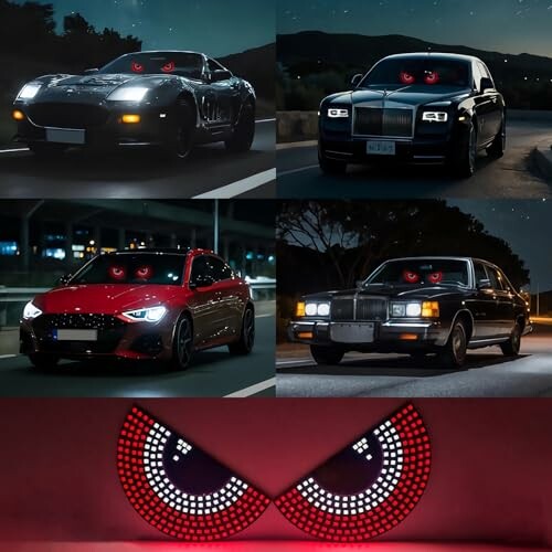 Cars with animated eyes on headlights at night