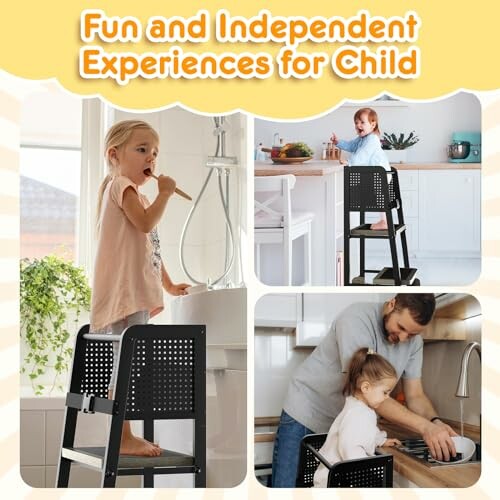 Children using a learning tower in the kitchen and bathroom.