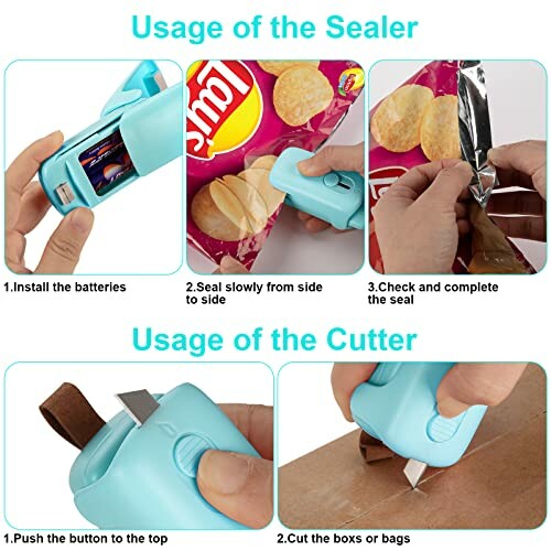 Instructions for using a chip bag sealer and cutter with images.