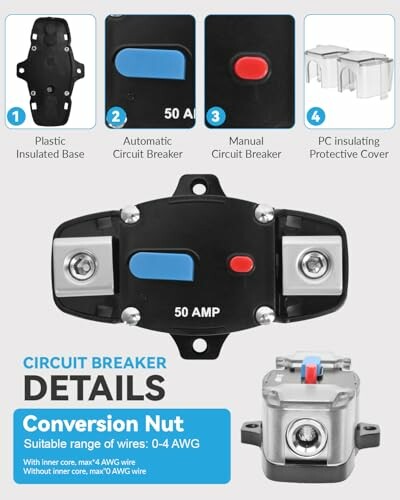 Circuit breaker components with plastic insulated base and conversion nut details.