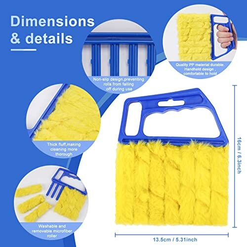 Yellow cleaning tool with blue handle, showing dimensions and features.