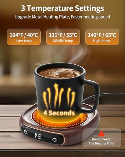 Coffee mug warmer with three temperature settings and a digital display.