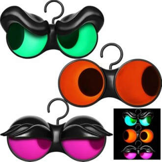 Colorful goggles with hooks in green, orange, and pink.