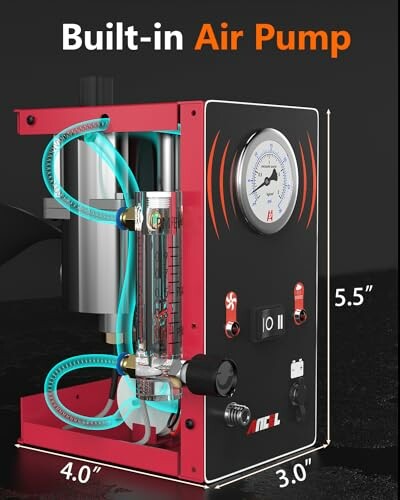 Compact air pump device with built-in gauge and measurements.