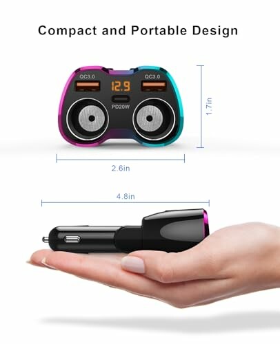Compact and portable car charger with dimensions and hand for scale.