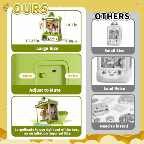 Comparison of toy house features, highlighting size, noise level, and installation requirements.