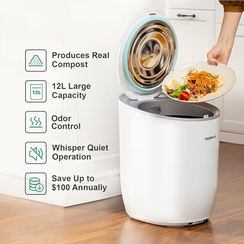 Compost bin with features like large capacity and odor control.