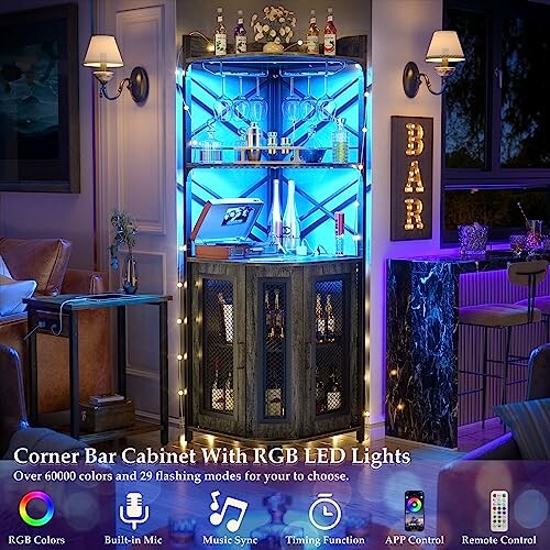 Corner bar cabinet with RGB LED lights and various features displayed.