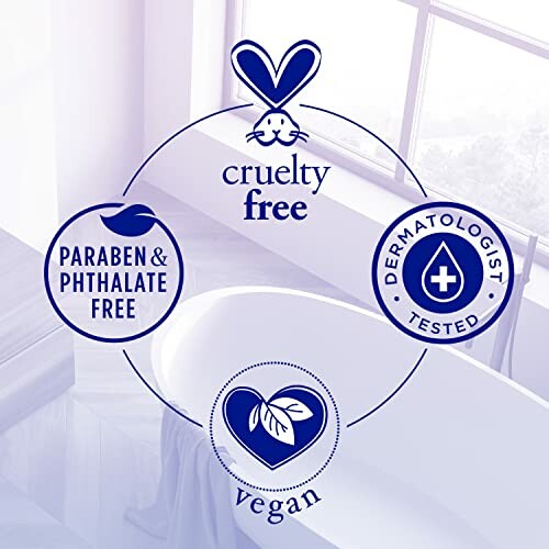 Cruelty-free, vegan, paraben and phthalate free, dermatologist tested labels on a bathroom background.