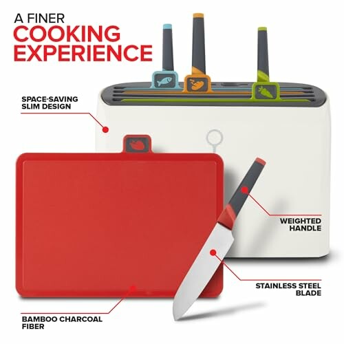 Cutting board and knife set with space-saving slim design and stainless steel blade.