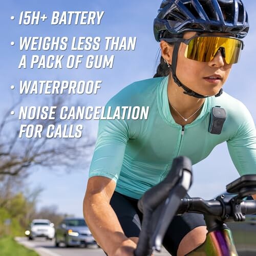 Cyclist wearing a gadget with features listed: 15+ hours battery, lightweight, waterproof, noise cancellation.