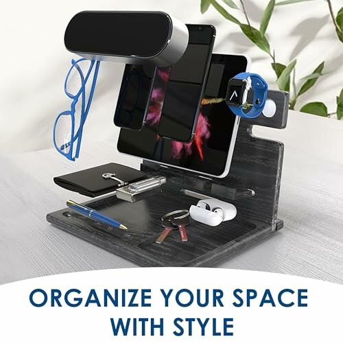 Stylish desk organizer holding gadgets and accessories.