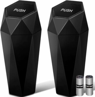 Two black diamond-shaped trash cans with push lids and two batteries.