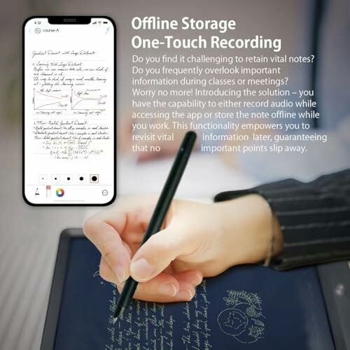 Handwriting on digital device with smartphone displaying notes.