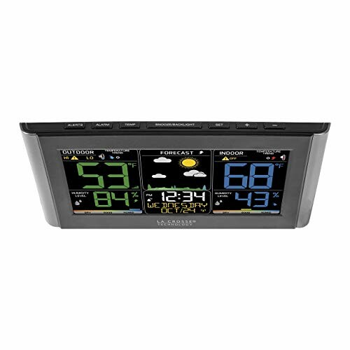 Digital weather station showing indoor and outdoor data.