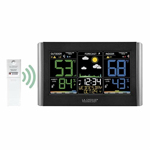 Digital weather station displaying outdoor and indoor data with wireless sensor.