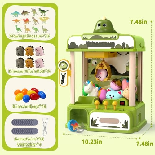 Dinosaur-themed claw machine toy with plush dolls, eggs, and accessories.
