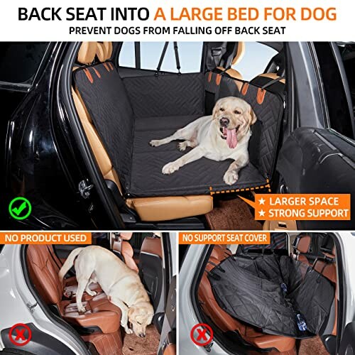 Dog sitting on a car back seat cover, illustrating its use for pet safety.