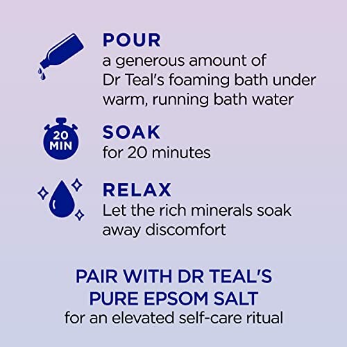 Instructions for using Dr Teal's foaming bath: Pour under warm water, soak for 20 minutes, relax.