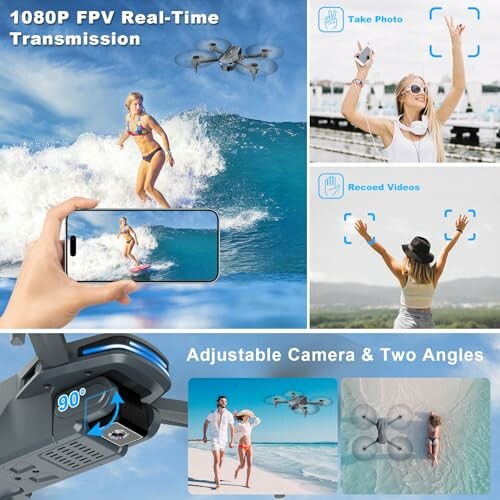 Collage showing drone capturing photos and videos with adjustable camera angles.