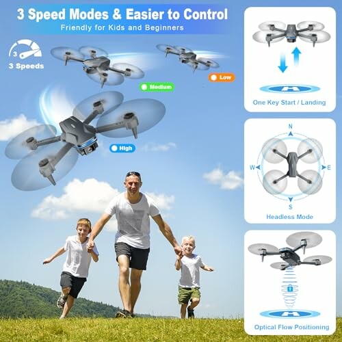 Drone with speed modes and control features; family running in a field.